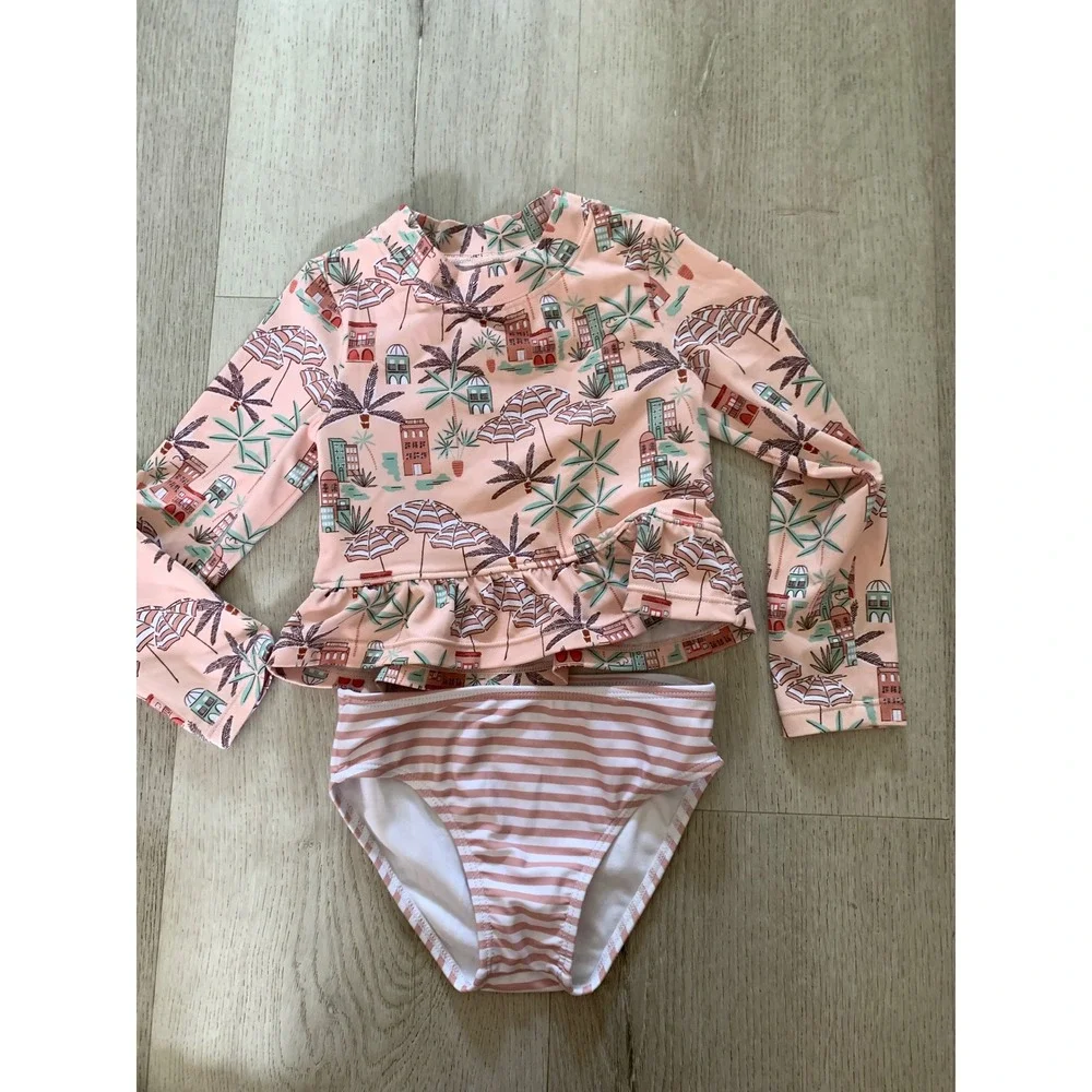 Janie and Jack Kids Peach Pink Mediterranean Print Rash Guard Swimsuit‎ Set 3